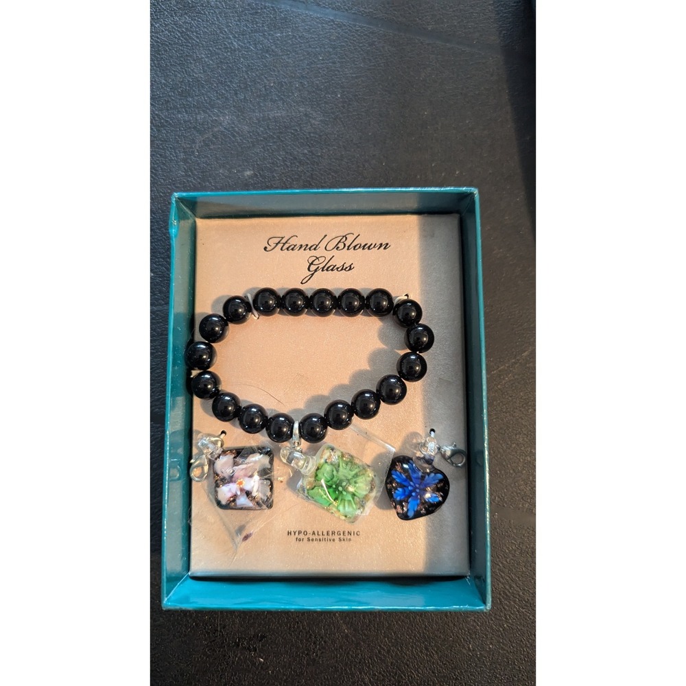 2 Hand Blown Glass Bracelet Black Beads Floral Charm Hypoallergenic Stretch Gift
